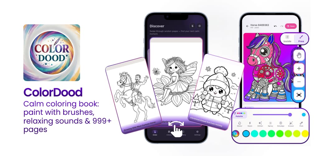 ColorDood free calm coloring book app — brushes, relaxing sounds and 900+ pages