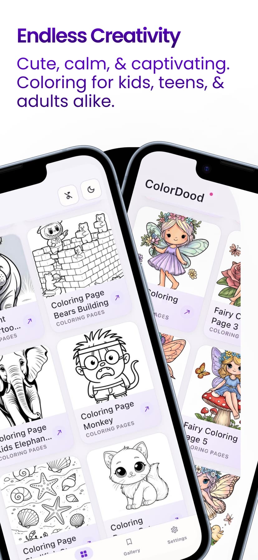 Free coloring book app with light and dark themes
