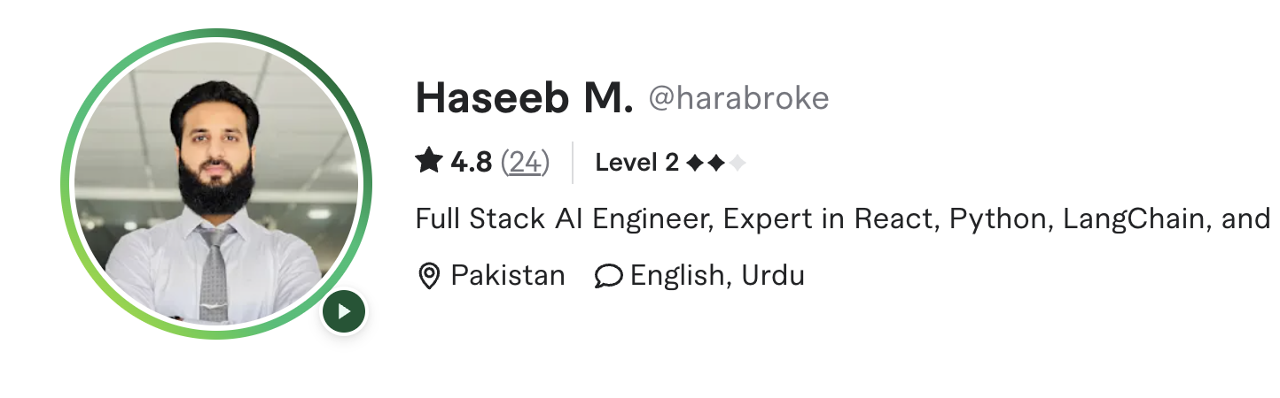 Fiverr seller profile: 4.8 star rating from 24 reviews, Level 2, Full Stack AI Engineer